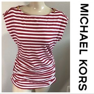 Michael Kors Top Red White Stripe Zip Shoulders M